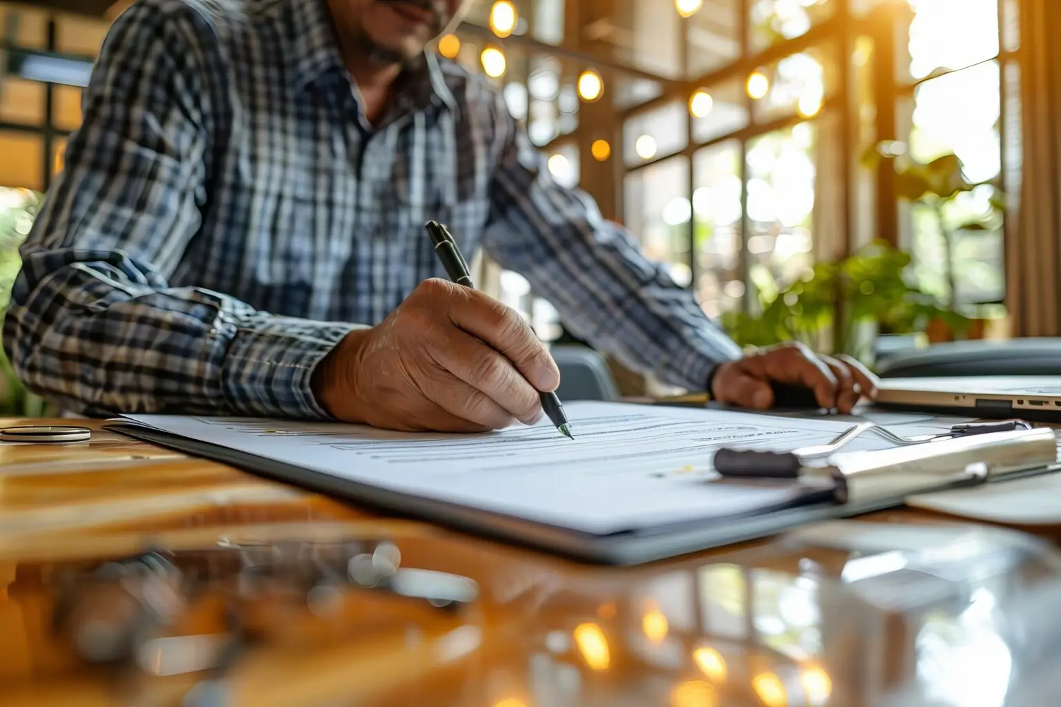 A person reviewing and signing paperwork at a desk