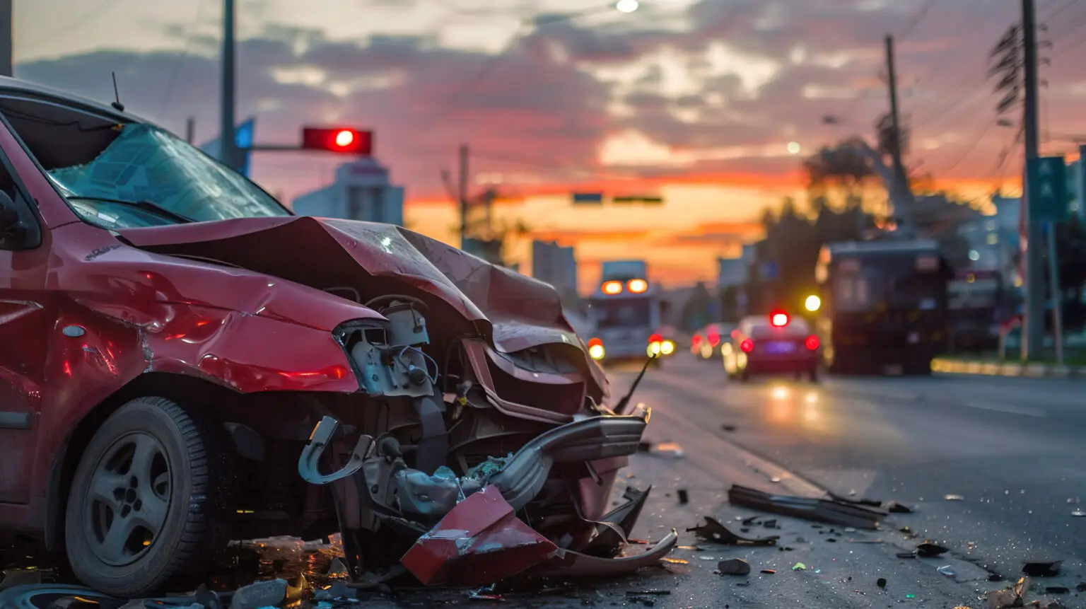A damaged car at an intersection after a collision